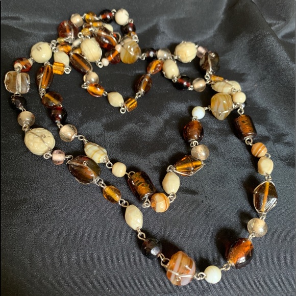 Vintage Long glass Beaded Wire Necklace Fall Tones